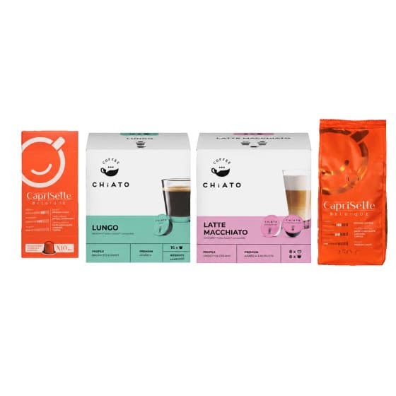 Kahvikapseli- ja jauhetun kahvin setti CHiATO switchPLAY -laitteelle – Belgique
