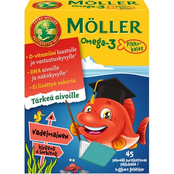 45kpl - Möller Omega-3 Pikkukalat Vadelmainen pureskeltava kalaöljy-D-vitamiinivalmiste 54g -43%
