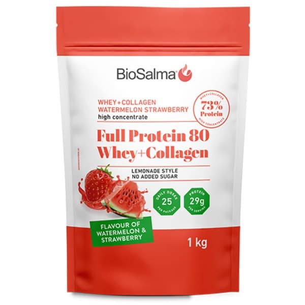 BioSalma Full Protein 80 Whey+Collagen, Vesimeloni Mansikka, 1 kg