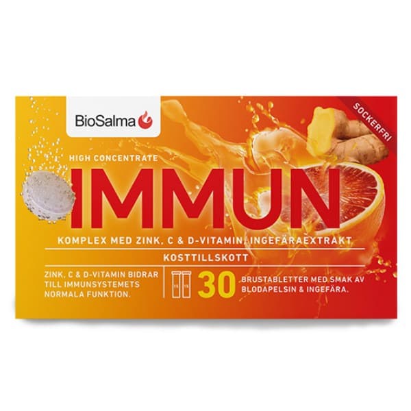 BioSalma Immuuni C+D-vitamiini ja Sinkki, Blodapelsin & Ingefära, 30 brustabletter
