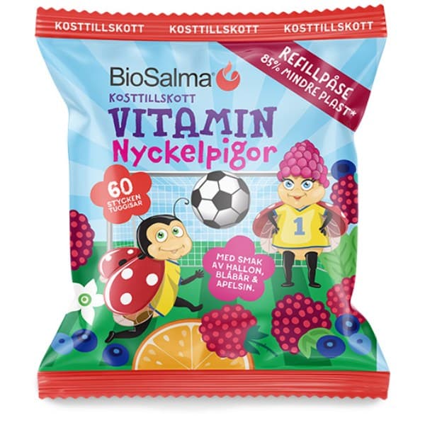 BioSalma Monivitamiini Leppäkertut, Vadelma/Mustikka/Appelsiini, Täyttöpakkaus - 60 Gummies -32%