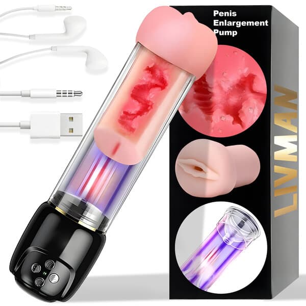 2in1 peniksen suurennuspumppu ja automaattinen masturbaattori LIVMAN LY2018-021 realistisella vagina-rakenneholkilla, 300mAh
