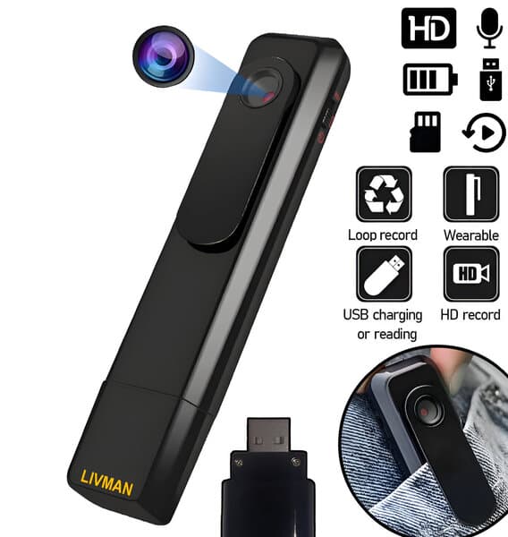 Kannettava ja puettava USB-kamera ja äänitallennin LIVMAN T008 64Gt:n muistikortilla, HD 1080P, 560mAh