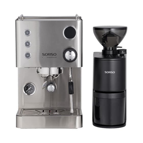 SORSO Espresso kahvikone - ruostumaton teräs + SORSO Peppe Brew & Espresso by Eureka sähkökäyttöinen kahvimylly – mattamusta