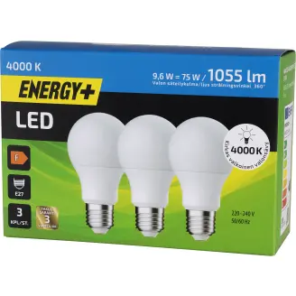 LED-lamppu 1055 lm A60 E27 4000K, 3 kpl