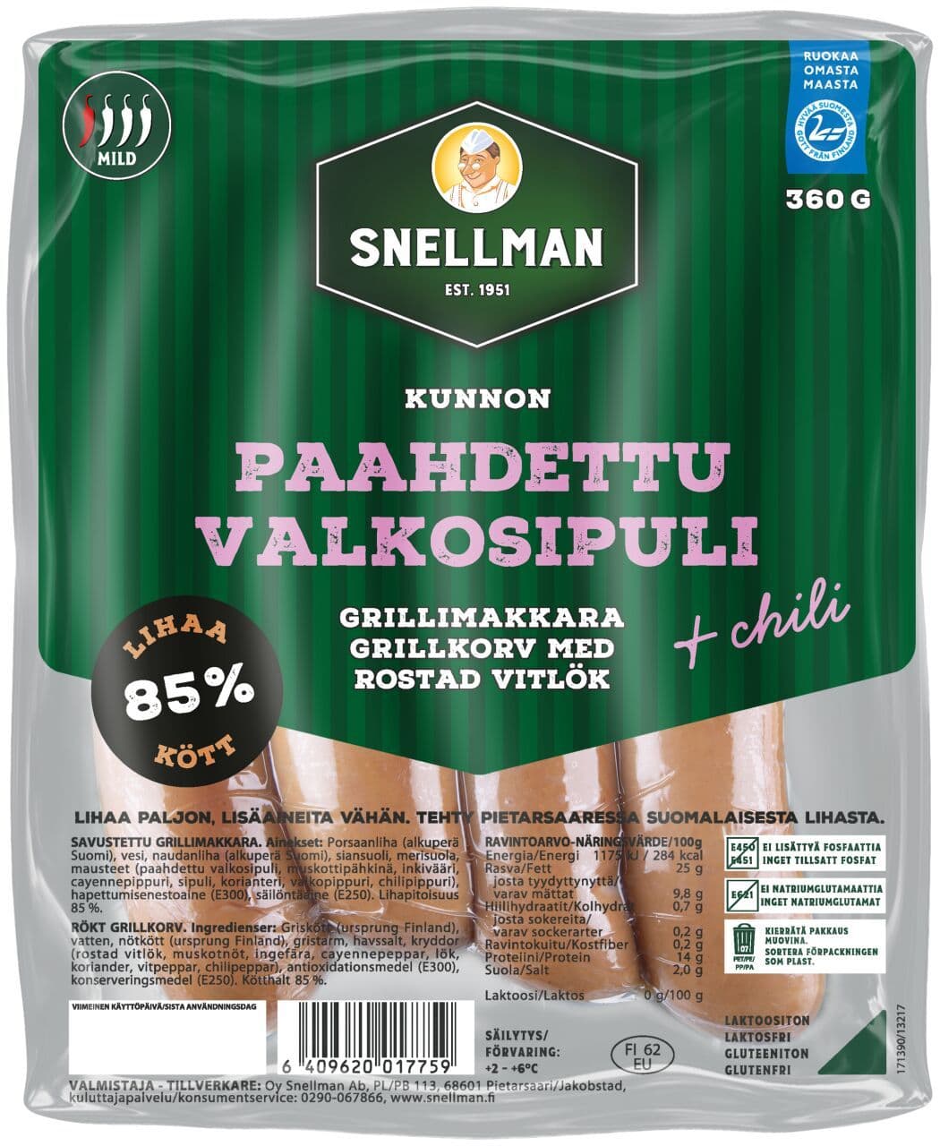 Snellman Kunnon paahdettu valkosipuli-chili grillimakkara 360 g