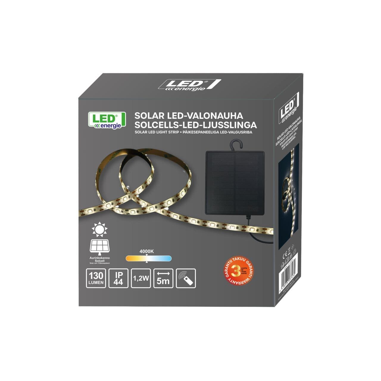 Solar led-nauha 5m IP44 4000K 1,2W, 130 lm, kaukosäädin