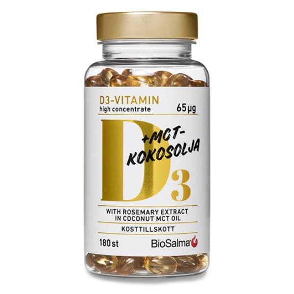 BioSalma D3-vitamiini 65 ug MCT-kookosöljy, 180 kapselia