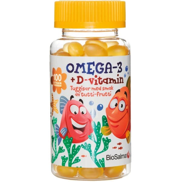 BioSalma Omega-3 + D-vitamiini, Tutti frutti, 100 purutablettia