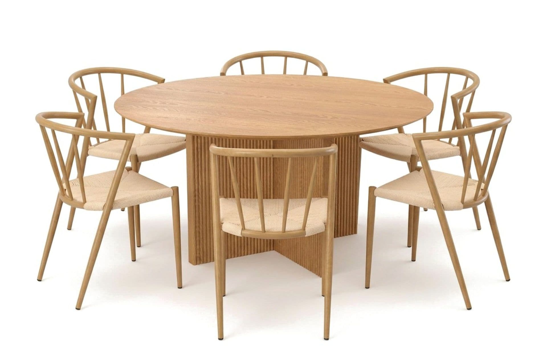 Edda-ruokailuryhmä, pyöreä 150 cm, tammi, 6 Winston-ruokatuolia