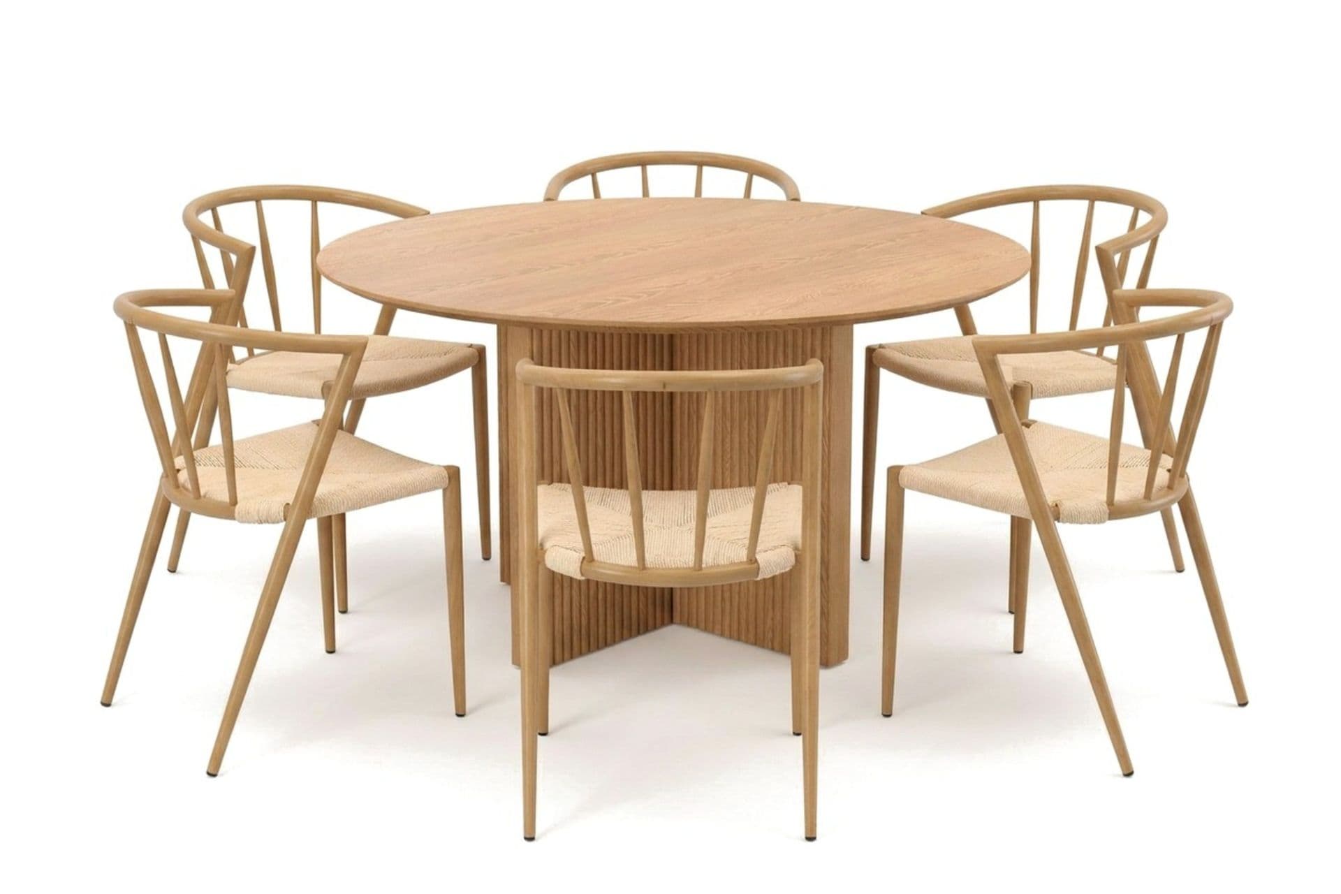 Edda-ruokailuryhmä, pyöreä 130 cm, tammi, 6 Winston-ruokatuolia