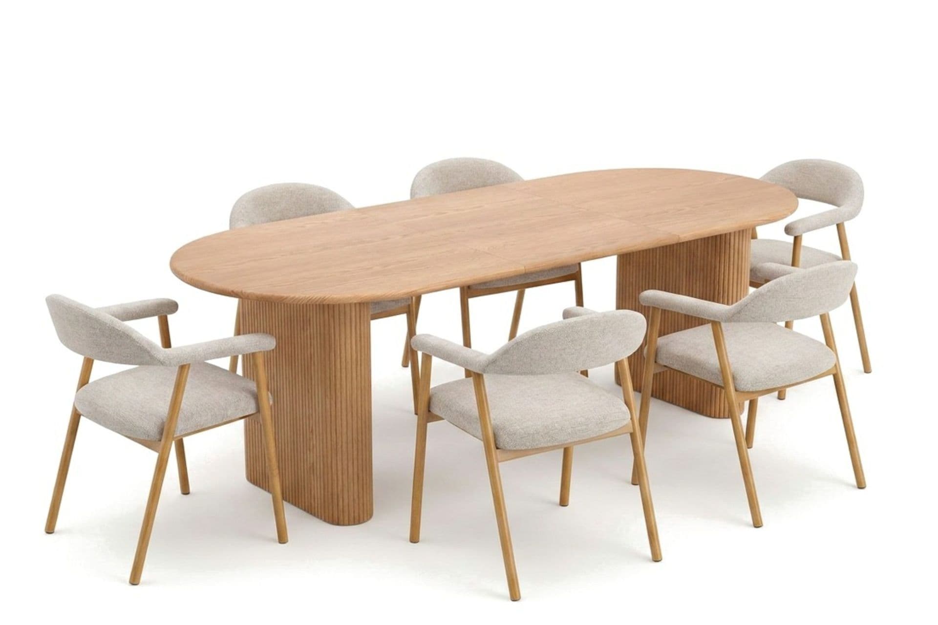 Noira-ruokailuryhmä 160–220 cm, jatkettava, tammi, 6 Ronja-ruokatuolia