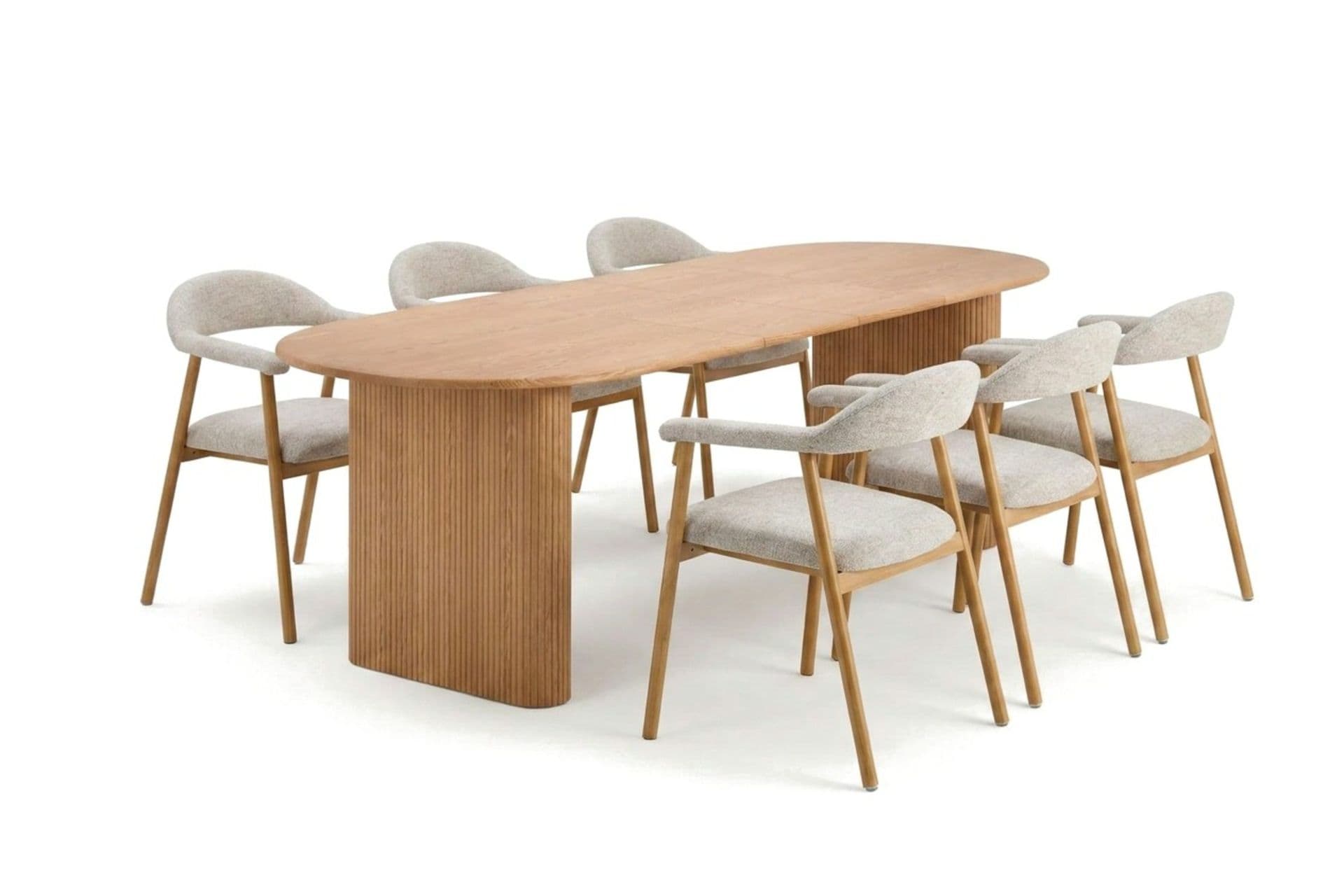 Noira-ruokailuryhmä 220–320 cm, jatkettava, tammi, 6 Ronja-ruokatuolia
