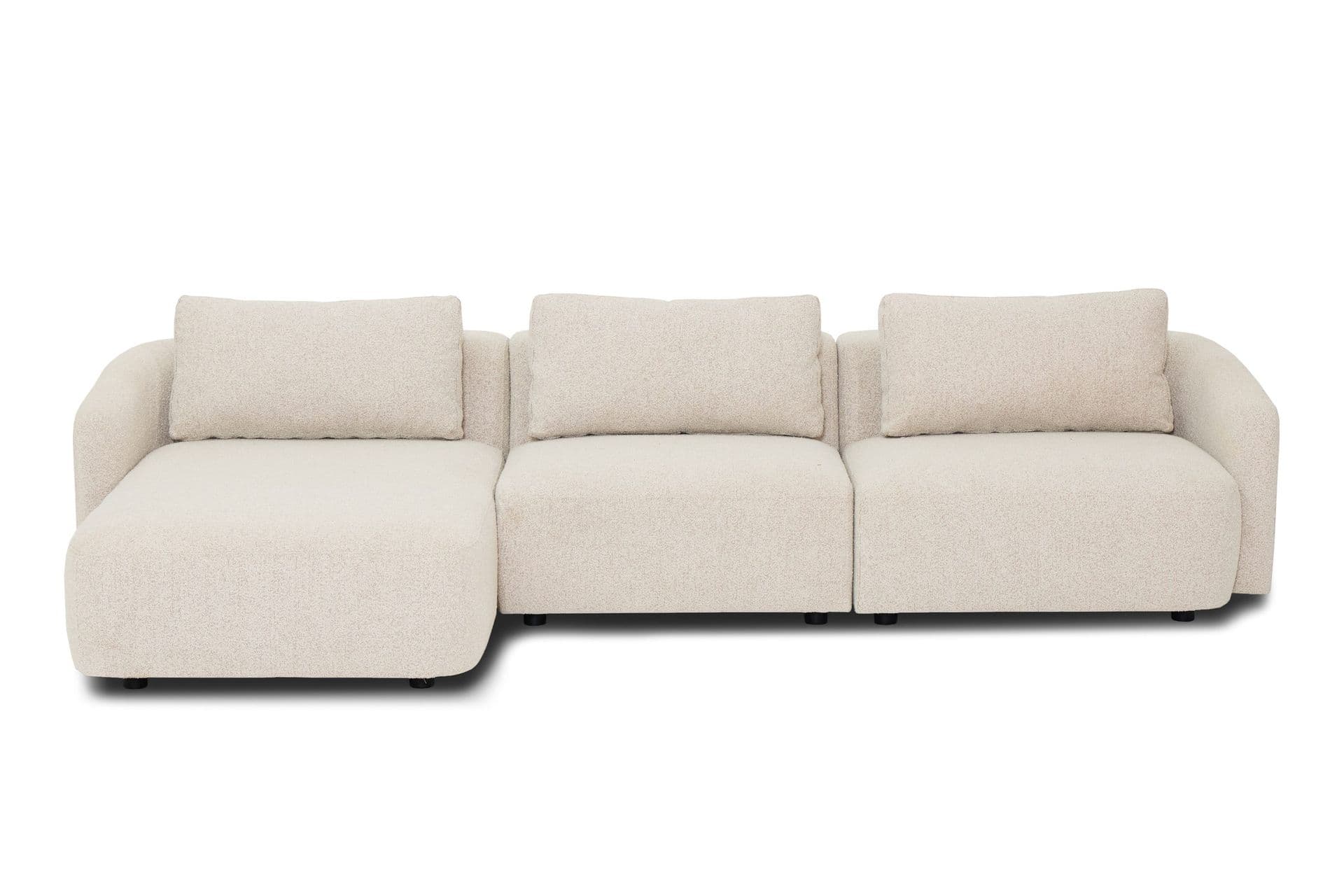 Andrarum Milano 5-istuttava pyöristetty vasenkätinen L-sohva matalalla selkänojalla, beige bouclé