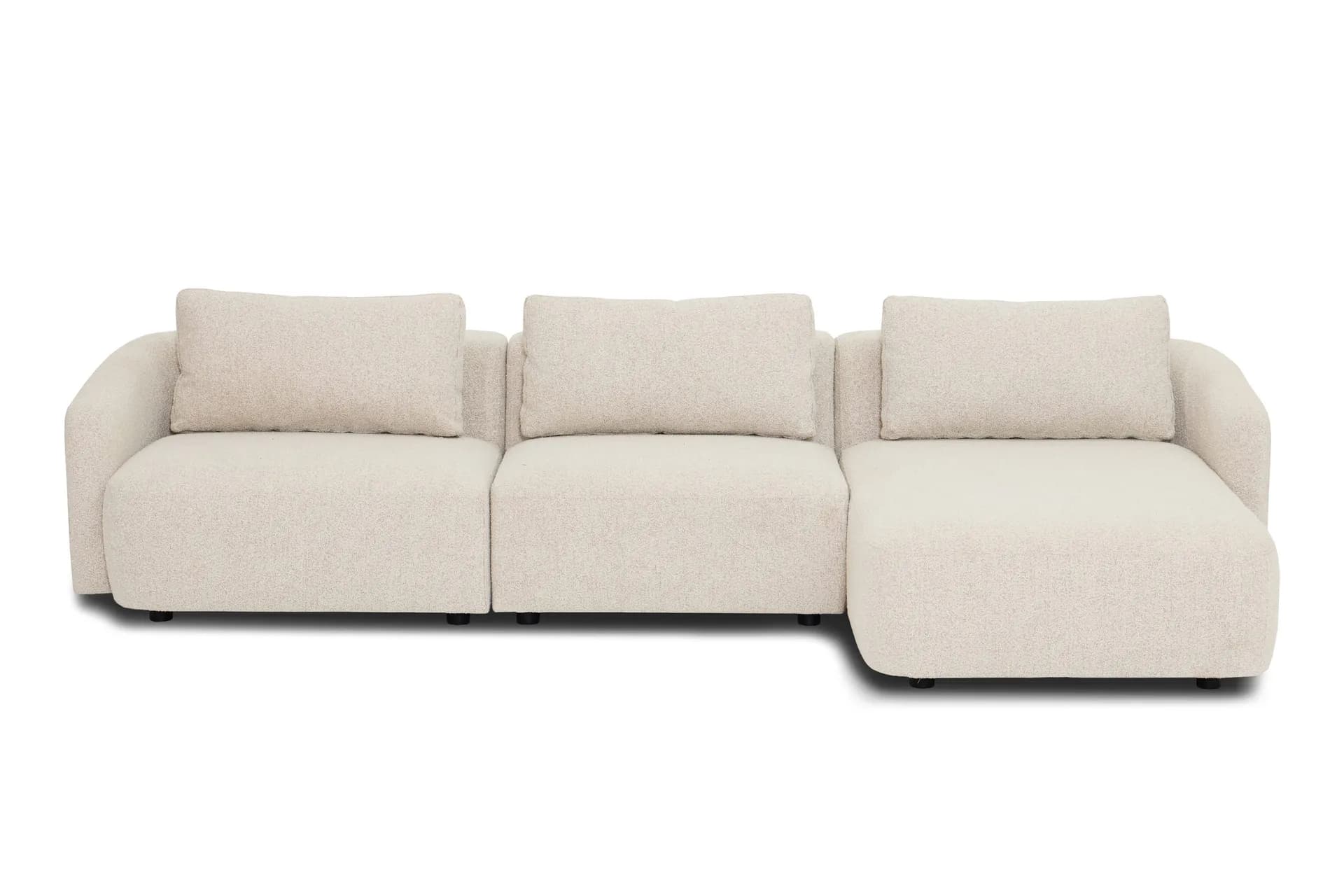 Andrarum Milano 5-istuttava pyöristetty oikeakätinen L-sohva matalalla selkänojalla, beige bouclé